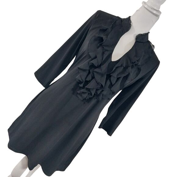 WHITE HOUSE BLACK MARKET! DRAPEY, DREAMY BLACK RUFFLED FRONT, 3/4 DRESS! SZ M - Picture 1 of 8